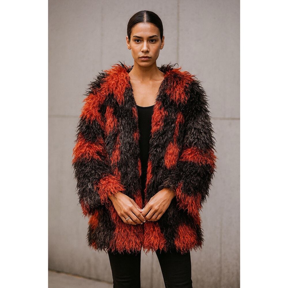 June & Hudson Faux Fur Coat S Shaggy Patchwork Red Black Y2K Grunge Statement